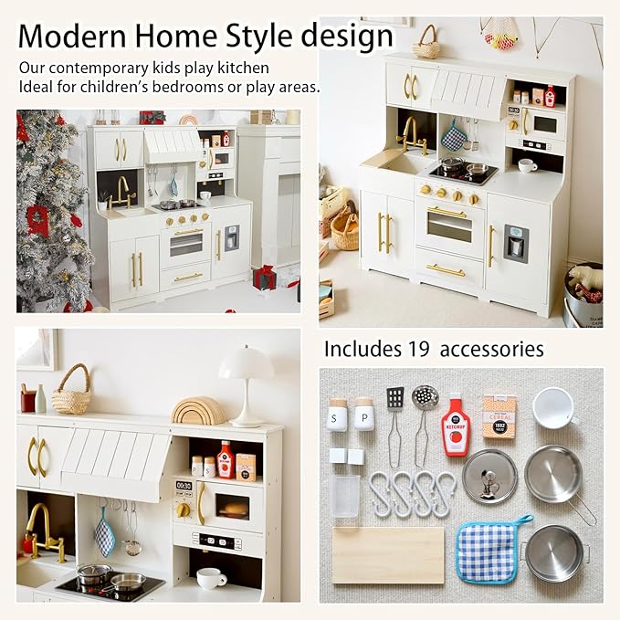 Wooden Play Kitchen for Kids with Various Interactive Kids Kitchen Toy Features and 19 Fun Toddler Kitchen Accessories, Toy Kitchen Playset for 3+ Boys and Girls