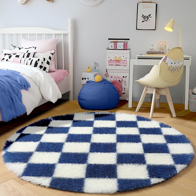 KICMOR Round Rug 4ft for Bedroom, Soft Fluffy Circle Area Rug Cute Small Living Room Carpet, Blue and Cream White Fuzzy Shag Shaggy Checkered Circular Rug for Kids Room Nursery Home Decor Aesthetic