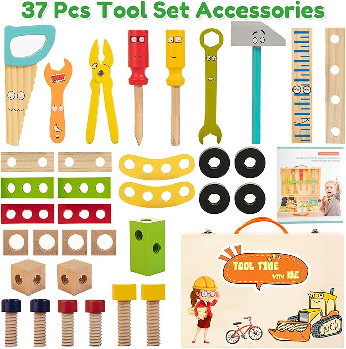 Bravmate Toddler Tool Set with Portable Tool Box & DIY Stickers, Wooden Kids Tool Sets for Boys Girls Age 2-4, STEM Montessori Educational Preschool Toys, Birthday Gifts for 3+ Years Old
