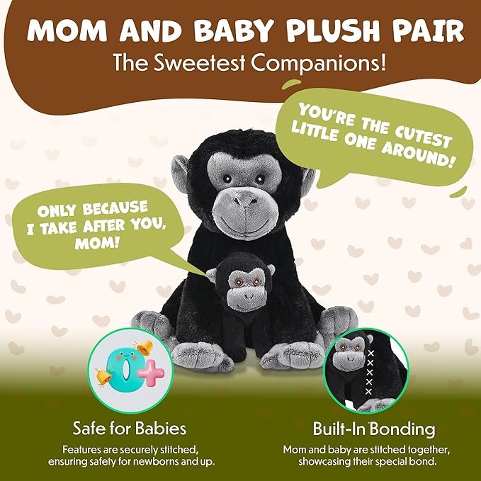 Mom and Baby Stuffed Animals for Boys & Girls, Safari Baby Shower Decorations, Nursery Decor, Zoo Animals for Toddlers, Quality Realistic Toys for Kids, Cute, Soft, Huggable, Squeezable (9.5" Gorilla)