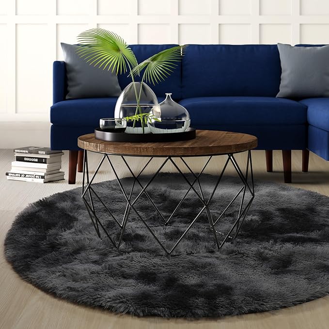 Amdrebio Tie-Dyed Dark Grey Round Rugs for Living Room, 8x8 Rug, Extra Large Circle Area Rug for Bedroom, Big Shag Fluffy Plush Carpet for Mens Home, Modern Cool Circular Rug, Soft Cozy Thick Rugs