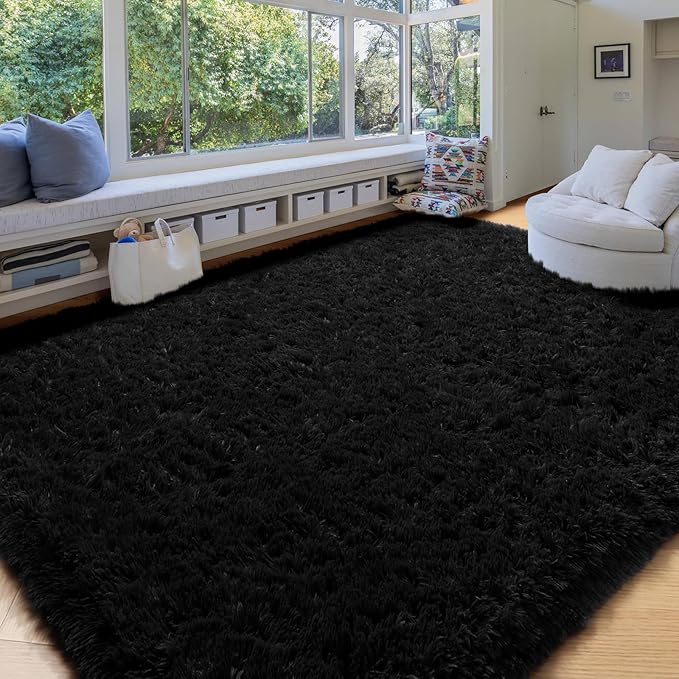 Black Rug 8x10 for Living Room Bedroom, Large Big Fluffy Modern Area Rugs for Kids Room Decor Aesthetic, Shaggy Furry Floor Carpet for Dorm Office Playroom Nursery Classroom, Baby Teen Boys Mens Rug