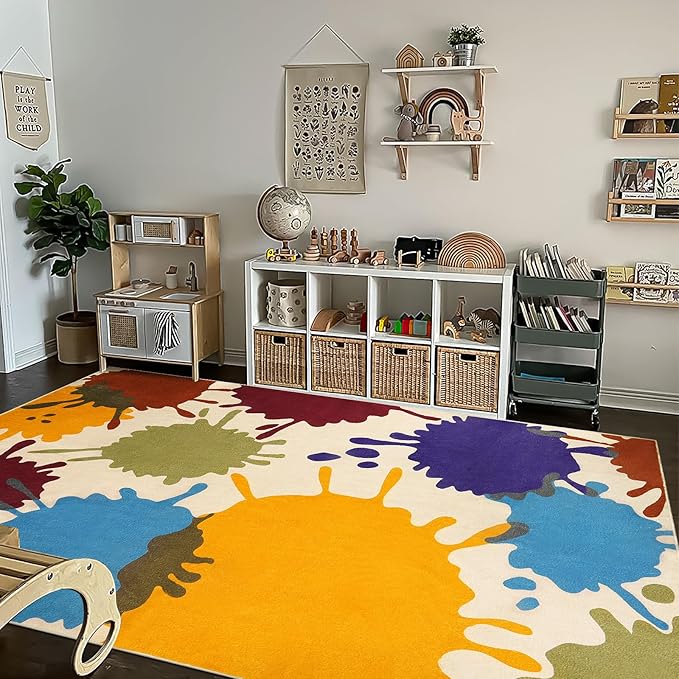 STARUIA Large Area Rug for Living Room, 8'x10' Rainbow Kids Rug for Classroom, Colorful Art Washable Rug for Bedroom, Non-Slip Ink Splotch Nursery Rug Soft Modern Living Room Carpet for Dorm School
