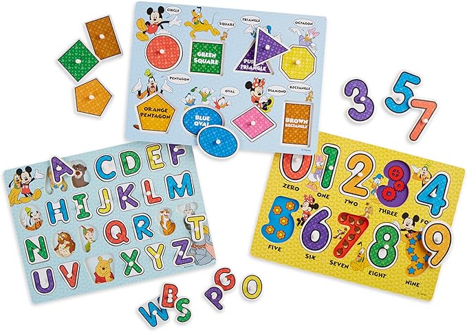 Melissa & Doug Disney Wooden Peg Puzzles Set: Letters, Numbers, and Shapes and Colors Letters And Number Puzzles, Disney, For Toddlers And Kids Ages 3+