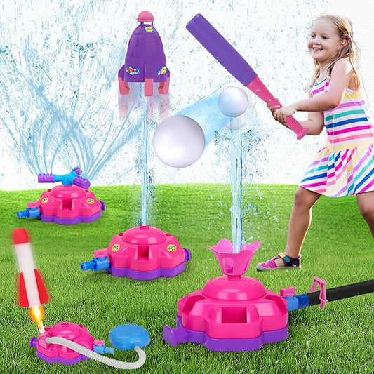 4-in-1 Sprinkler Toys for Kids Water Outdoor Baseball Rocket Launcher Rotating Water Spray Sprinklers Toys Toddler 4-8 8-12 Year Old Summer Backyard Garden Lawn Pool Outside Water Play Game Ages 3-5