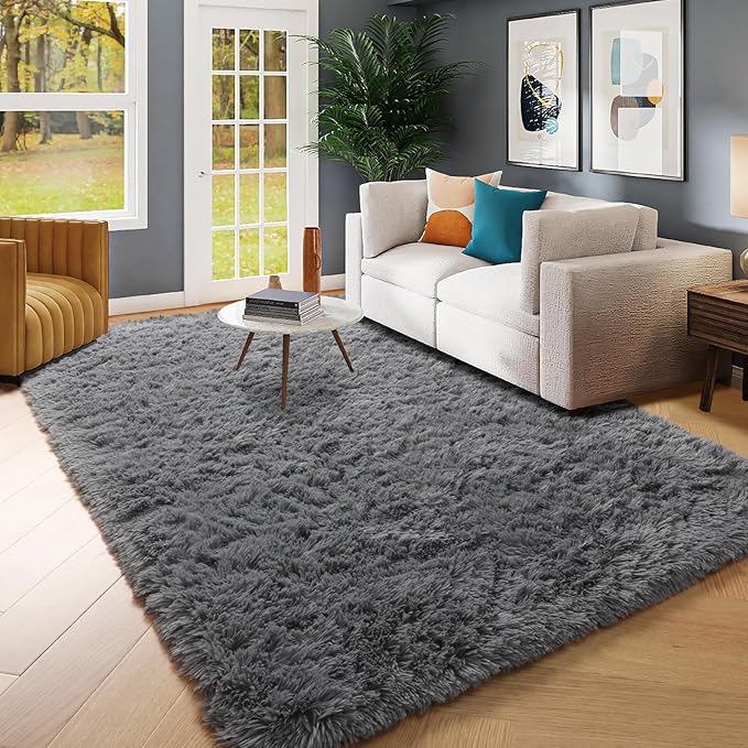 Amdrebio Grey Area Rugs for Bedroom Living Room, Fluffy Fuzzy Modern Rugs for Kids Room, Furry Floor Shaggy Throw Gray Carpet for Baby Nursery Preppy Dorm Office, Home Decor, Farmhouse Thick Rug 4x6