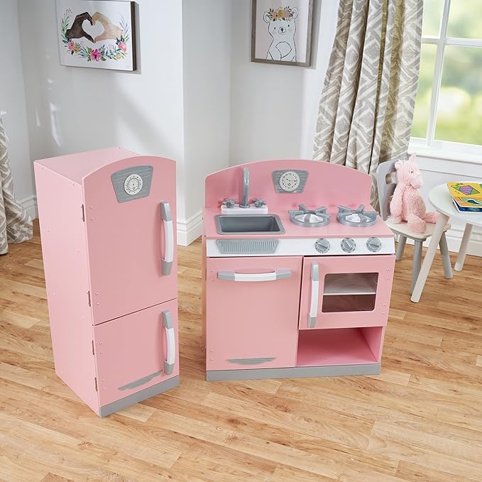 KidKraft Retro Wooden Play Kitchen and Refrigerator 2-Piece Set with Faucet, Sink, Burners and Working Knobs, Pink, Gift for Ages 3+