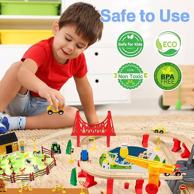 118Pcs Wooden Train Set for Kids, Wood Train Track Set Train Railway Accessories Toy Train Sets for Boys and Girls Gifts Ages 4 5 6 7 8 - Compatible with All Major Brands