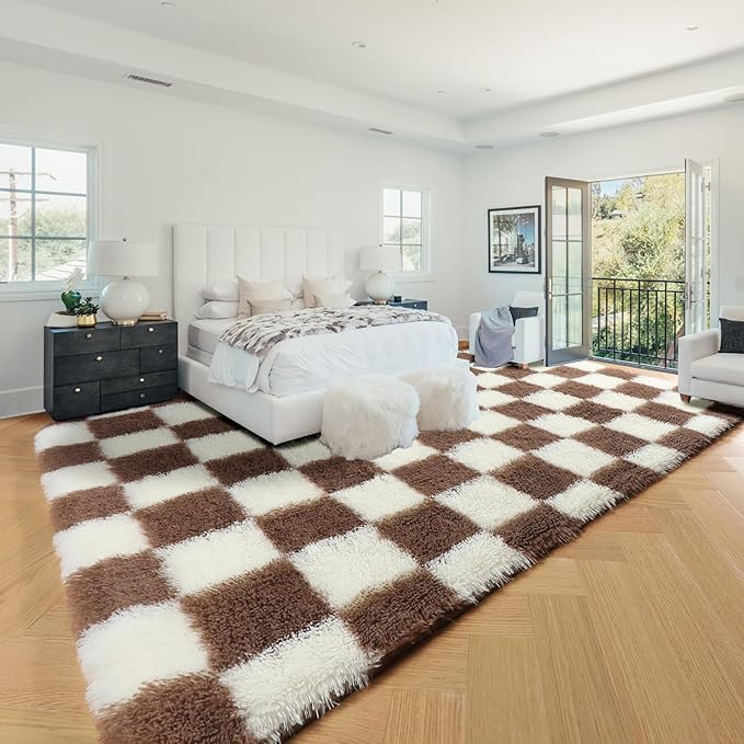 KICMOR Rugs for Living Room 8x10, Large Fluffy Fuzzy Brown and Cream White Checkered Shag Area Rug Shaggy Big Carpets for Bedroom, Soft Plush Floor Rugs for Kids Boys Girls Room Nursery Home Decor