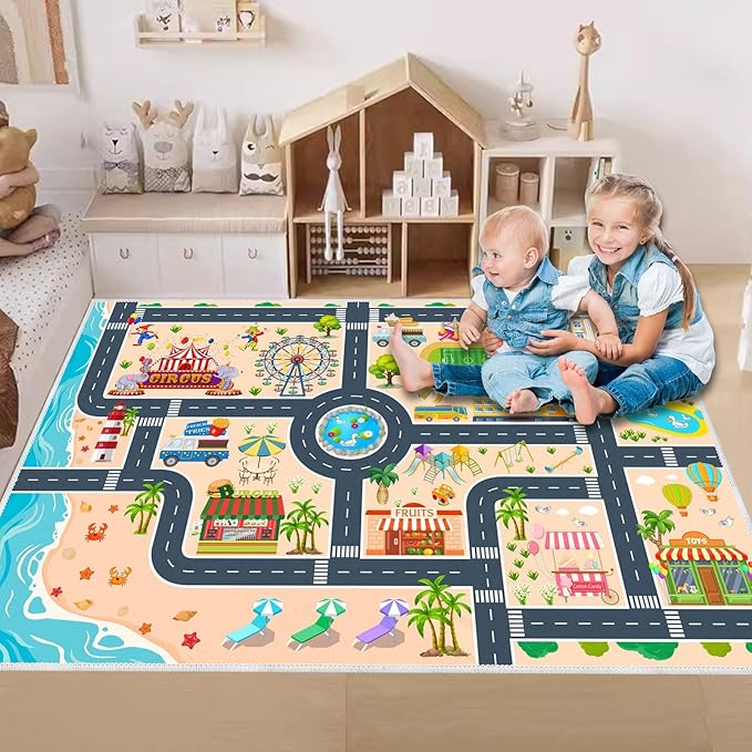 Kids Carpet Playmat Car Rug, Car Rug for Kids Toy Cars and Train, Non Slip Play Mat for Playroom Kids Room, City Life Educational Road Traffic Carpet for Classroom Nursery(Yellow,63×94in)