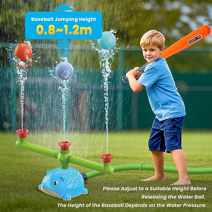 Hedgehog 3-in-1 Sprinkler Baseball Ball Toy Summer Water Toys Outdoor T-Ball Kids Play Sprinkler, Hedgehog Spinning Sprinkler with 3 Jets, 3 Baseballs, 1 Retractable Bat Summer Outdoor Game