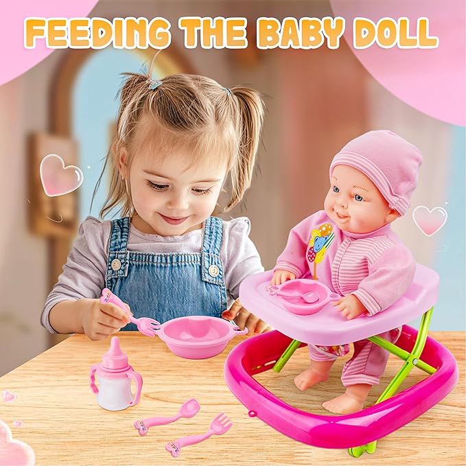 Baby Doll and Baby Walker Set, Learn to Walk Baby Dolls Soft Body Posable & Walking Dolls, Baby Doll with Wheeled Walker Cart and Accessories, Toys Gifts for Toddlers 2 3 4 5+