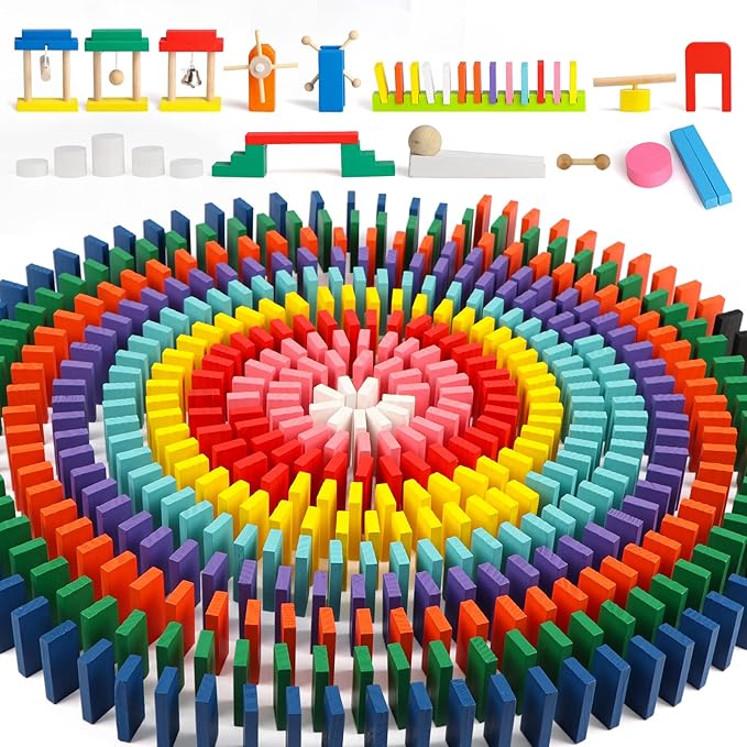 1000 PCS Dominoes Set for Kids with Extra 11 Blocks, Wooden Building Blocks 10 Colors Dominoes Racing Tile Games Educational Toy for Kids Birthday Party with Storage Bag