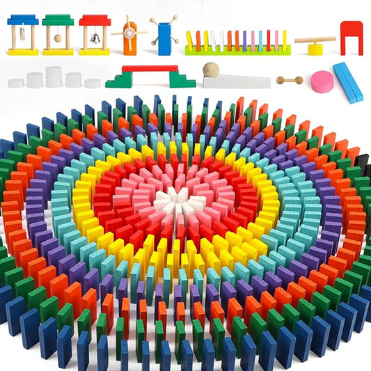 1000 PCS Dominoes Set for Kids with Extra 11 Blocks, Wooden Building Blocks 10 Colors Dominoes Racing Tile Games Educational Toy for Kids Birthday Party with Storage Bag