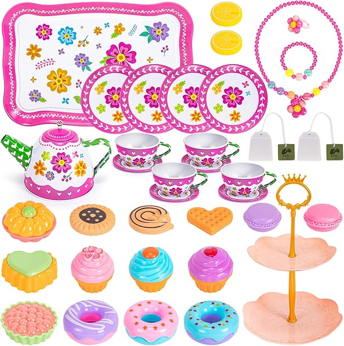 Kids Tea Party Set for Little Girls, Flower Toy Tin Tea Set with Carry Case, Dessert Play Food Tea Cup Set Teapot Girl Jewelry, Birthday for Girls Kids 3 4 5 6 7 Years Old