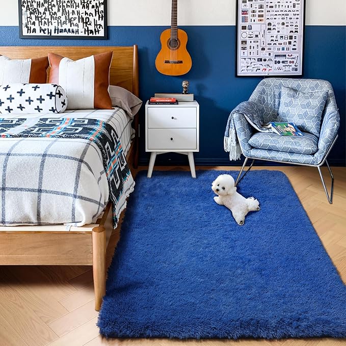 Navy Blue Rugs for Boys Bedroom, Fluffy Bedside Small Area Rug for Kids Room, Living Room Decor Aesthetic, Cute Shag Fur Throw Royal Dark Blue Carpet for Office Preppy Dorm Playroom Baby Nursery, 3x5