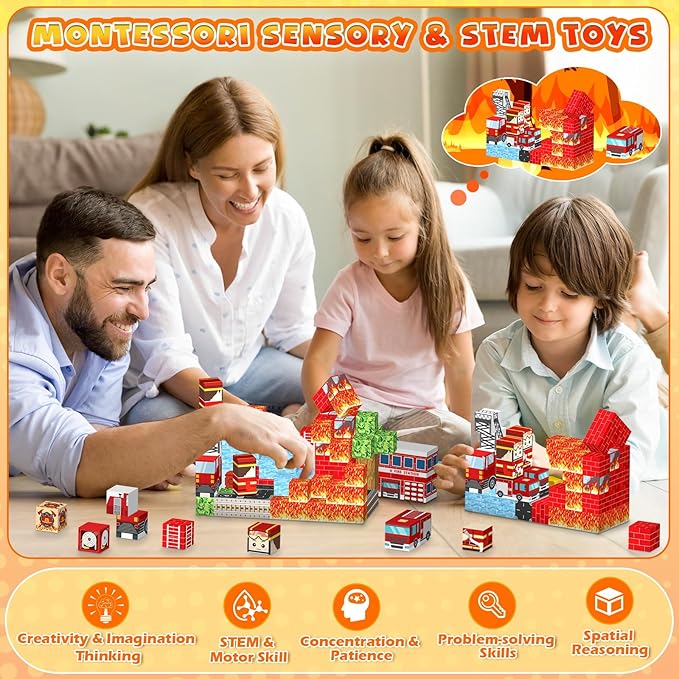 118PCS Magnetic Building Blocks - Build 3D Fire Station Construction Set, STEM Toys for Kids 3+, 1-Inch Magnetic Cubes Montessori Sensory Toys for Toddlers, Boys Girls Magnet Blocks Birthday Gifts