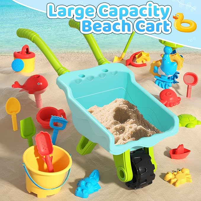 Beach Sand Toys for Kids - Beach Toy Trolley Car with Shovel Tool Kit, Beach Bucket & Animal Molds - Summer Outdoor Gift Sensory Sand Toys for Boys Girls Toddlers 3-5