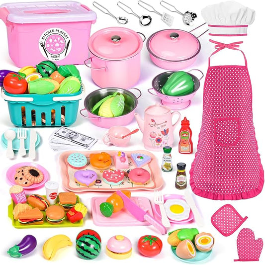 121Pcs Play Kitchen Accessories, Kids Kitchen Playset, Pretend Play Food Tea Party Set, Toy Kitchen Kids Cooking Real with Apron&Chef Hat, Utensils Cookware Pots&Pans, Toy Organizer, Toddler Toys Gift
