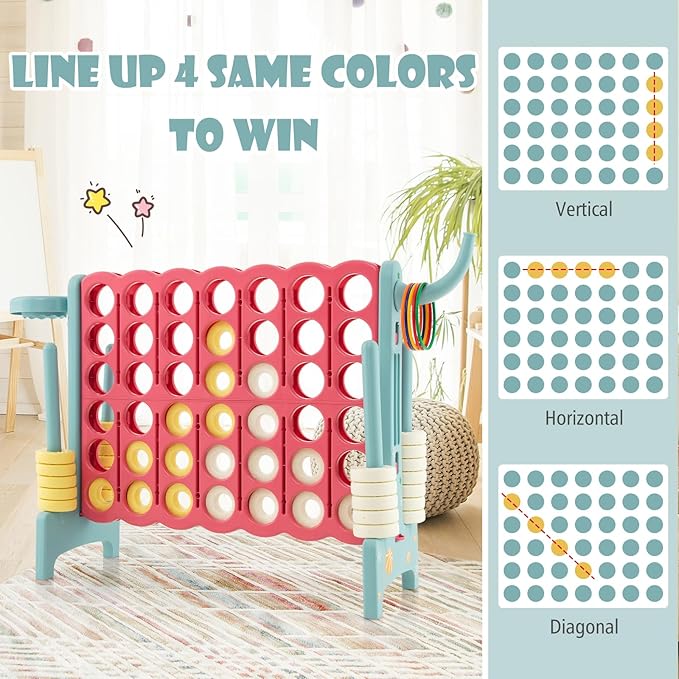 Costzon Giant 4-in-A-Row, Jumbo 4-to-Score Giant Game w/Basketball Hoop, Ring Toss, Quick-Release Slider, 42 Jumbo Rings, Indoor Outdoor Family Connect Game for Kids & Adults, Backyard Games