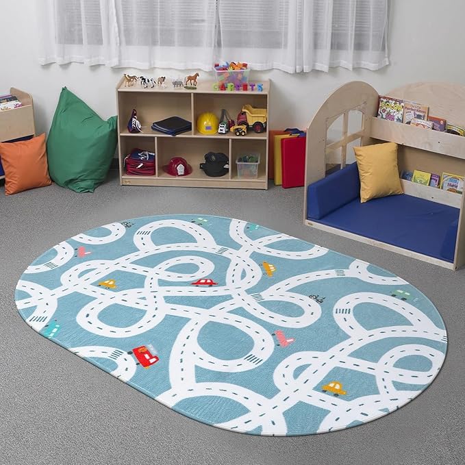 LIVEBOX Blue 3'x5' Non-Slip Kids Play Rug, Machine Washable Road Mat for Playroom, Toy Room Carpet with Cartoon Design for Boys and Girls