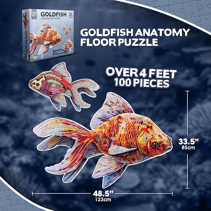 Goldfish Animal Anatomy Floor Puzzle | 100-Piece Double Sided Jigsaw Puzzle | Large-Sized, Over 4 Feet Scientifically Accurate Illustration - Fun and Educational Toy for Kids, Toddlers and Families