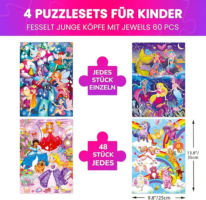 QUOKKA Puzzles for Toddlers 3-5 – 4 x 48 Pieces Puzzles for Kids Ages 3-4 – 12 Toy Learning Vert Girls for 4-6 – Jigsaw Game for Boy and Girl 3-5-7 Year Old