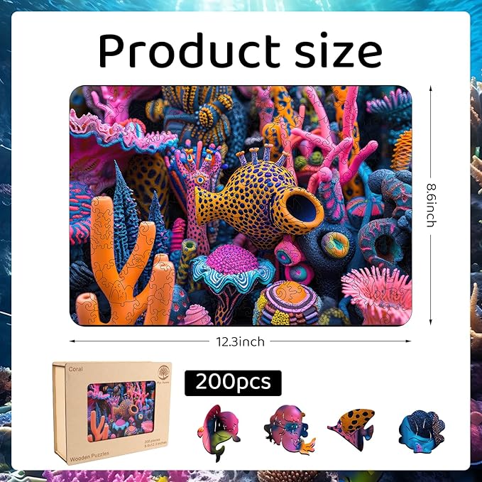 Wooden Jigsaw Puzzle for Adults and Kids Unique Shape Wood Colorful Beautiful Box Fun Challenge Brain Health Family Game Creative Gift for Friends Rompecabezas Madera(Coral Reef 200pcs)