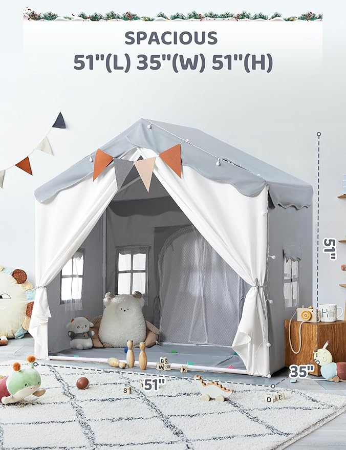 Besrey 2-in-1 Kids Playhouse with Padded Mat and Lights, Large Play Tent with 2 Doors & 4 Windows, Indoor & Outdoor, Toddler Tent, 51" x 35" x 51" (Gray)