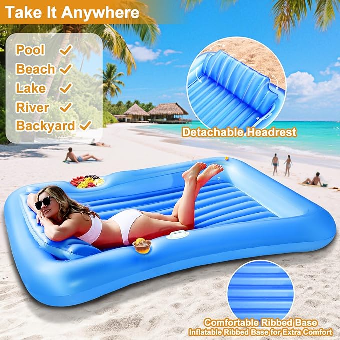 Inflatable Tanning Pool Lounger Float with Sprinkler, 83" x 63" Extra Large Pool Floats Adult with Pillow Cooler Tray, 6 in 1 Suntan Tub Raft Floatie Sunbathing Bed Water Summer Backyard Fun XL-Blue