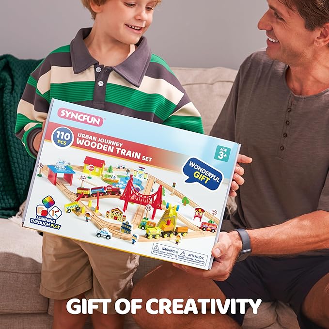 110PCS Wooden Train Set - Urban Journey, City Scene Railway Set with Magnetic Trains, Cars, Helicopter & Ship, Perfect Christmas Birthday Toy Gift for Kids Toddlers Boys Girls Ages 3-8