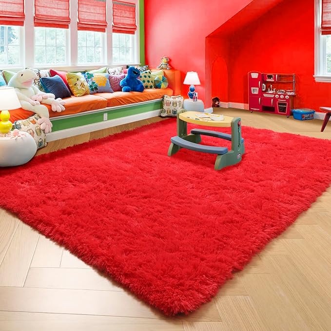Amdrebio Red Area Rugs for Living Room Bedroom, Christmas Rug 6x9, Large Red Carpet, Plush Fuzzy Furry Rug for Kids Playroom, Fluffy Shaggy Throw Carpets for Dorm, Aesthetic Rugs for Boys Room Decor