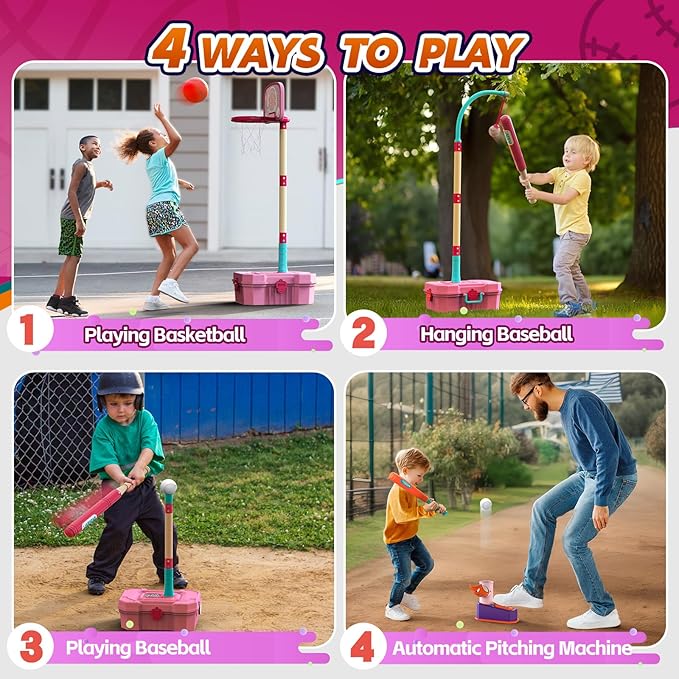 Kids Basketball Hoop and T-Ball Set for Kids 3-5, 3 Adjustable Toddler Basketball Hoop Indoor Outdoor Kids Toys Birthday Gift for Boys Girls