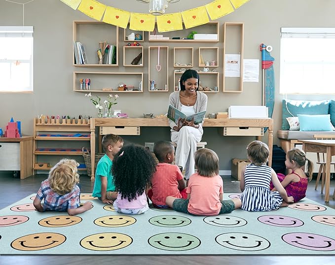 Flagship Carpets Schoolgirl Style Pastel Rainbow Smileys Criss-Cross Applesauce Educational Area Rug for Kids Room, Children's Classroom for Teaching and Playroom, 7'6" x 12', Multi, Seats 28