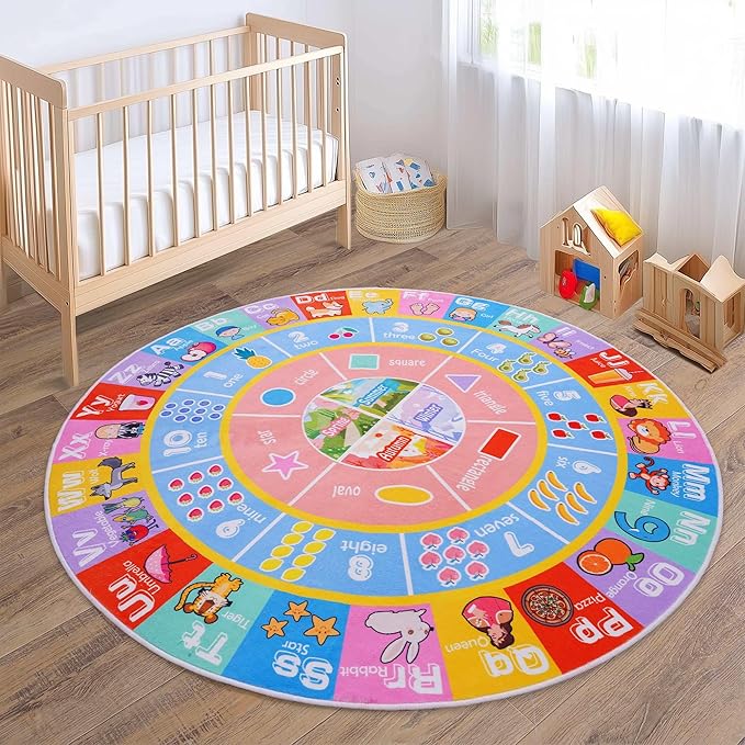 Kids Rugs for Playroom - Soft & Non-Slip 4x4 Feet Round Educational Rug for Learning ABC Alphabet, Numbers, Shapes & Map, Washable Classroom Rug for Toddler Nursery & Kids Room Decor