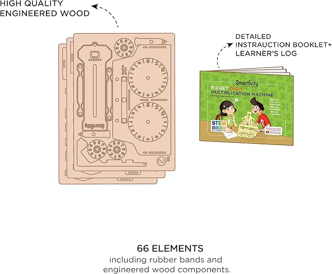 Smartivity Multiplication Machine 3D Wooden Model Engineering Educational Toy for Kids Ages 6 and Up, includes Rubber Bands, Engineered Wood Components, Instruction Manual, Learner's Log