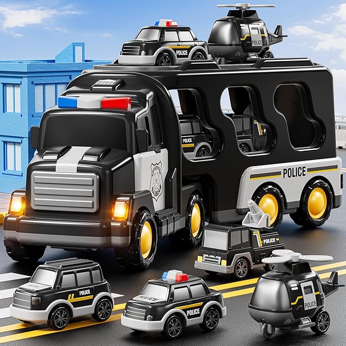 Police Truck Toy for 3 4 5 6 Years Old Boys - Carrier Vehicle Toy Set with 3 Small Cars and 1 Helicopter, Kids Firction Powered Car for Age 3-9, Gifts for Boys and Girls