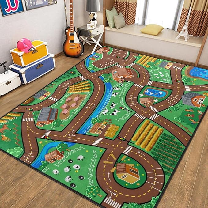 Kids Rug, Farm Map Playmat Rugs - 5x7 Ft Kids Carpet with Rubber Backing, Cute Animal Farming Game Road Map Play Mat Nursery Rugs for Children Bedroom Playroom