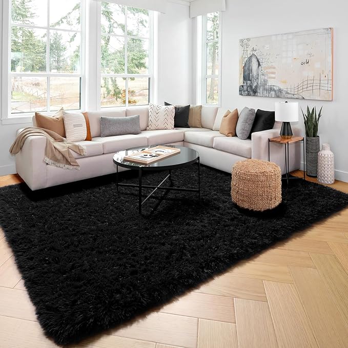 Amdrebio Black Fluffy Large Living Room Rugs,6x9 Rug,Furry Area Rug for Bedroom,Shag Rug for Kids Room,Plush Big Carpet for Living Room,Soft Shaggy Rug for Playroom,Modern Cool Rug for Men Boys