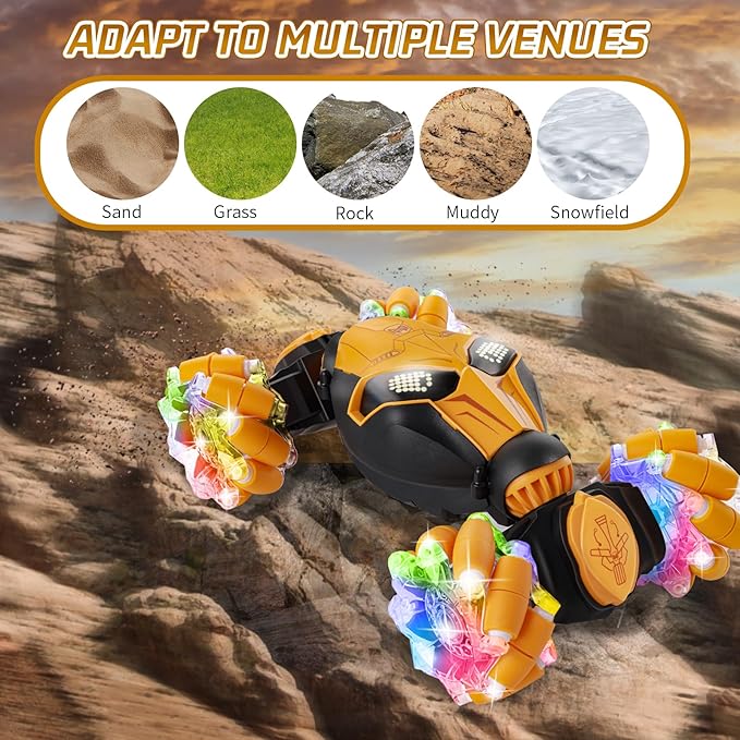 RC Cars Gesture Remote Control Car with Light Music 1:18 for Kids Age 6-12+ Hand Controlled Rc Car 2.4GHz 4WD Rc Stunt Car Gesture Sensing Double Sided Off Road Vehicle Toy Gifts(Yellow,2 Batteries)