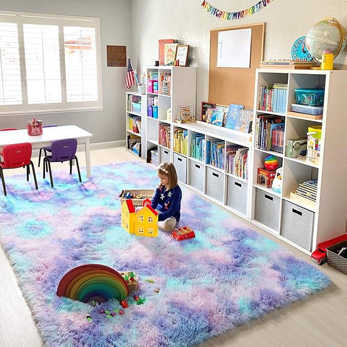 PAGISOFE 8x10 Area Rug, Cute Kawaii Purple Rainbow Rug for Girls Bedroom, Soft Fluffy Shag Rug for Girls Room, Baby, Kids Playroom, Nursery, Classroom, Plush Furry Mermaid Rug, Fuzzy Pastel Carpet