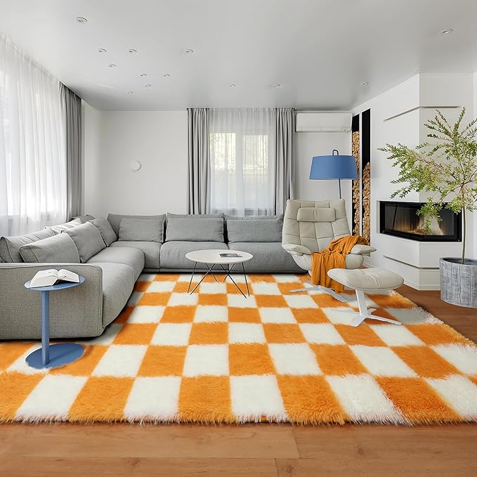 KICMOR 8x10 Area Rugs for Living Room, Large Fluffy Fuzzy Orange and Cream White Checkered Shag Rug Soft Plush Big Bedroom Carpet, Shaggy Floor Rugs for Kids Boys Girls Dorm Nursery Home Room Decor