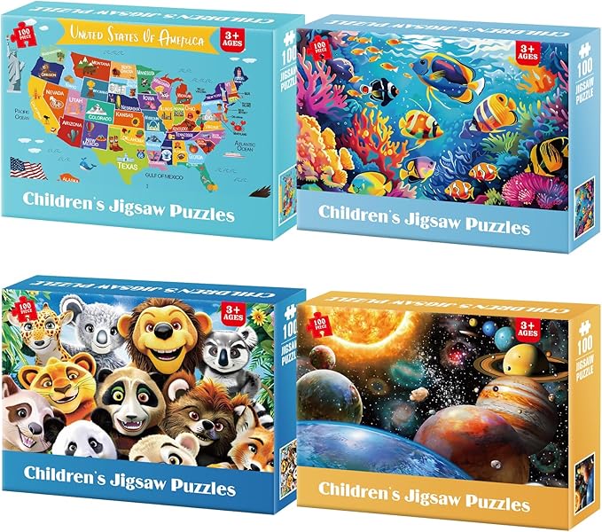 4 Pack 100 Piece Puzzles for Kids Ages 4-6 - Jigsaw Puzzles for Kids Ages 6-8 8-10 100 Piece Jigsaw Puzzle for Adults Toddler Children Learning Educational Puzzles Toys Gifts for Girls Boys