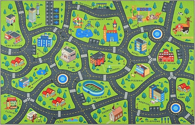 Merelax 4x6 Kids Car Rug Green Grey Area Rugs for Living Room Playroom Classroom Bedroom, Non Slip Kids Play mat Washable Rug, Educational City Traffic Road Map Fun Car Carpet for Ages 3-12