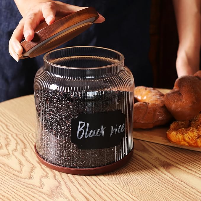 SAIOOL 2-Pack Striped Borosilicate Glass Airtight Canisters - Big mouth Large Capacity, Acacia Wood Lid, Food Storage Jars for Flour, Pasta, Pantry Organization (1/2 Gallon (Striped 2 pack))