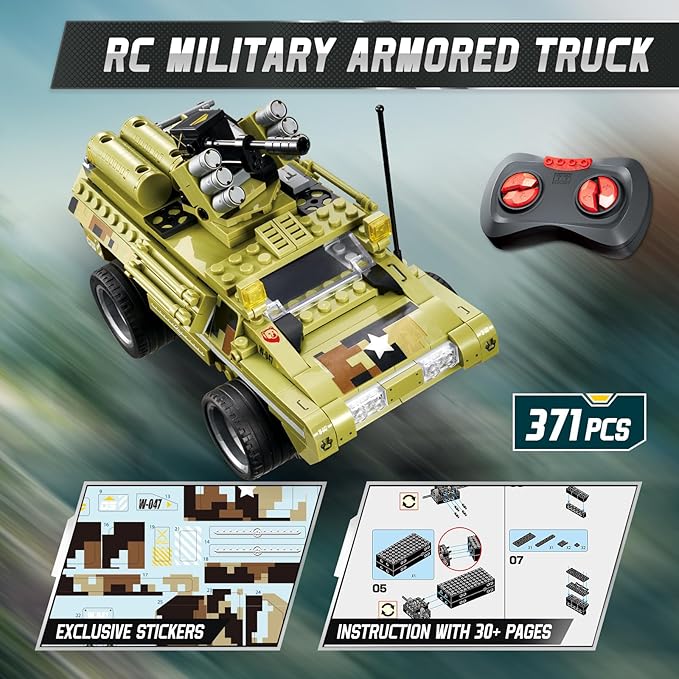 Wise Blocks 371 Pcs Building Blocks Remote Control Car, Building Toys for Boys Age 8-12, STEM Toys Construction Sets, RC Cars Boy Toys Birthday Gifts for Kids Age 8+, RC Military Armored Truck