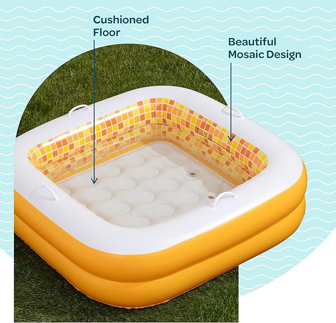 Baby and Toddler Pool with Cushioned Floor, Handles & Drain, 34"x10" Skin Safe Small Square Inflatable Kiddie Pool Portable Bathtub and Ball Pit, Summer Outdoor Gift for Babies, Infants & Toddlers 1-3