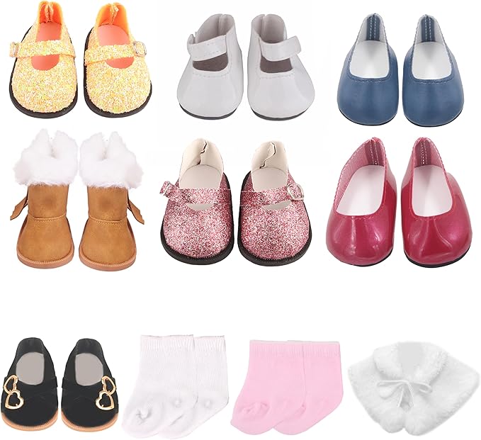 19Pcs 18 inch American Doll Accessories, 7 Pairs of Doll Shoes, 2 Pair of Socks and 1Pc Doll Cloak, Suitable for 18-inch Girl Dolls Brithday Presents Best Gift for Kid, Gril