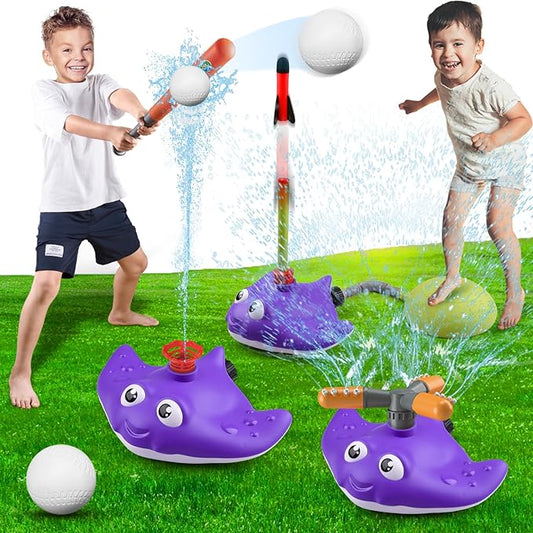 3 in 1 Water Baseball Summer Toys Sprinkler for Kids, Toddler Outdoor Toys Sprinklers for Yard with 2 Sprinkler Heads, 360° Roating Water Toys Attache to Garden Hose Backyard Pool Party Outdoor Games