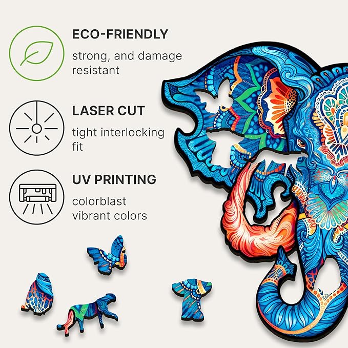 UNIDRAGON Original Wooden Jigsaw Puzzles - Eternal Elephant, 299 pcs, King Size 16"x12.3", Beautiful Gift Package, Unique Shape Best Gift for Adults and Kids